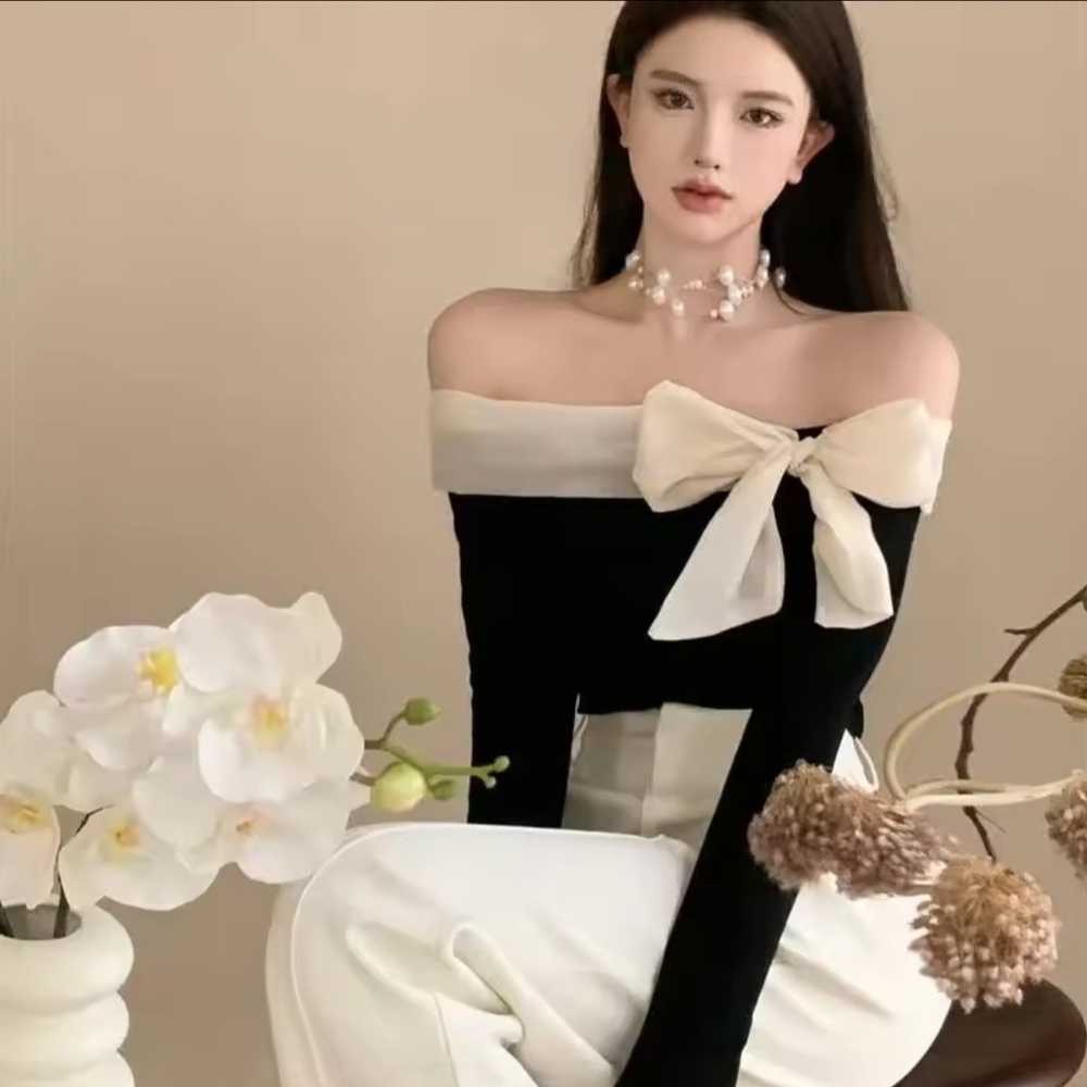 Elegant Off-Shoulder Black and Cream Blouse